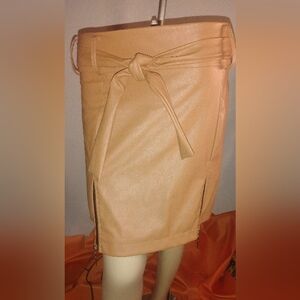 Peach Faux Leather Pencil Skirt with Front Tie